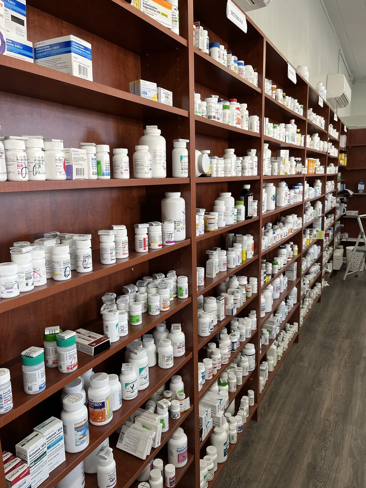 Supplement shelves inside the pharmacy